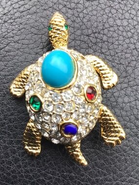 Vintage Sphinx “Jewels Of India” Turtle Brooch Pin With Multicolor Cabochons